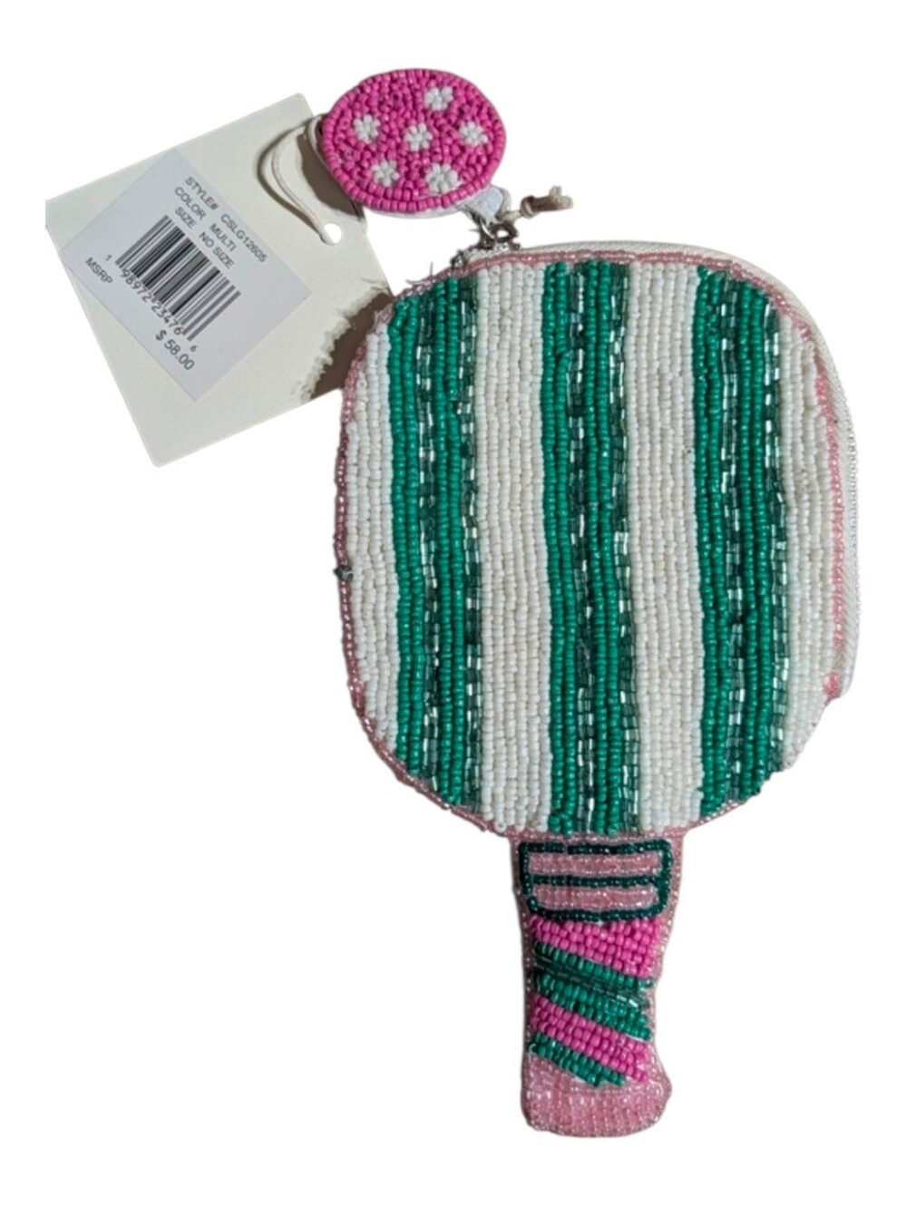 💚▪️Sol And Mer ▪️ Beaded Pink & Green Paddle-Shaped Coin Purse ( Pickle Ball)